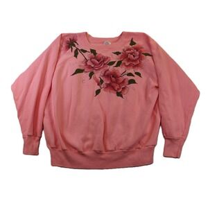 Pannill Women 2XL Sweatshirt Pink Hand Painted Floral Rose Vintage USA Made